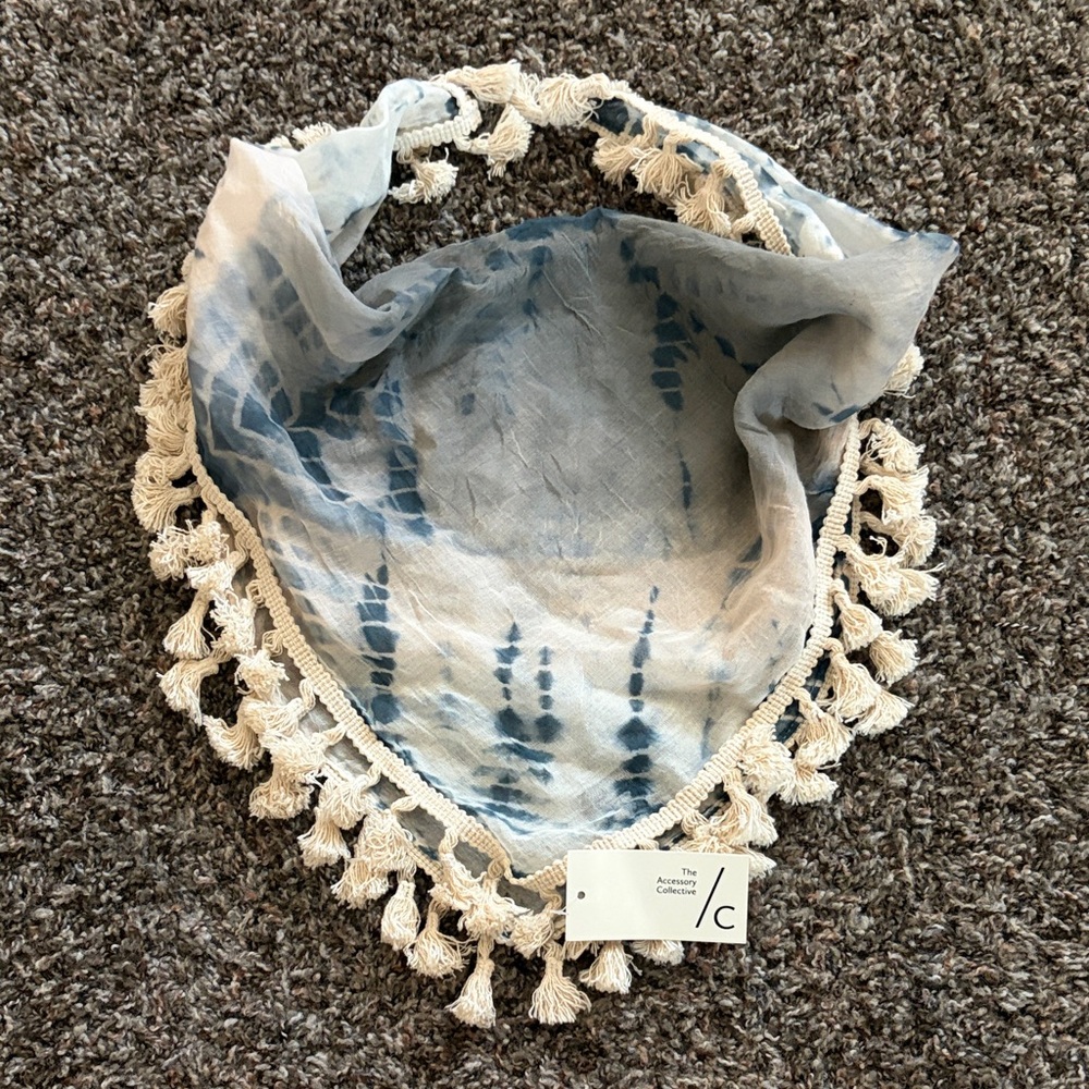 NWT Indigo Boho Tie Dye Scarf Bandana Accessory w/ Cream Tassels, 100% Cotton
